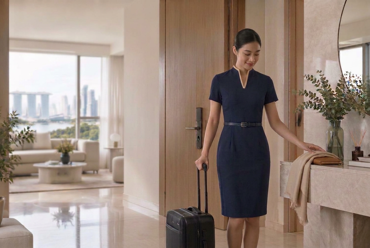 Cabin crew member arriving home with her suitcase after a flight