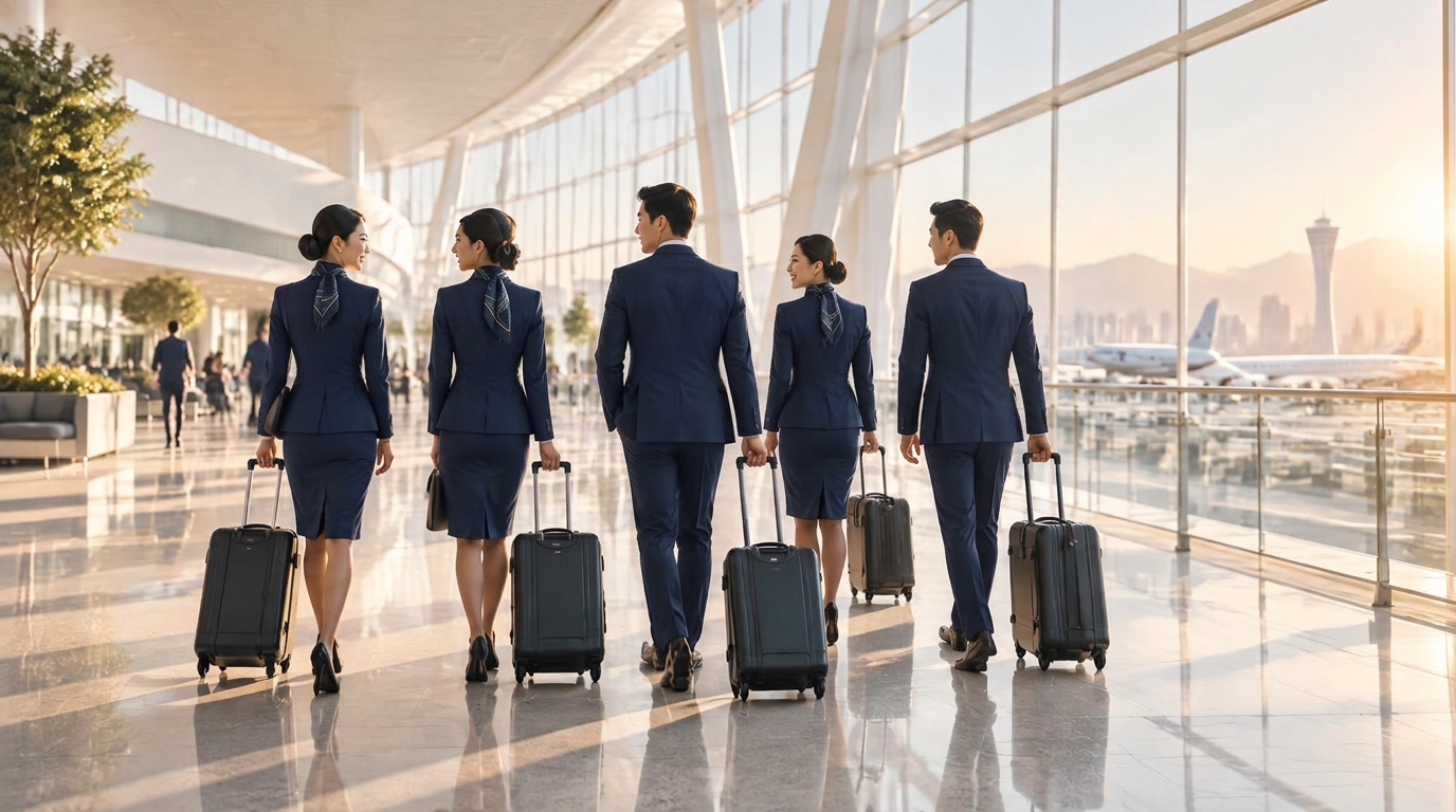 Cabin crew walking together through an airport toward their next flight