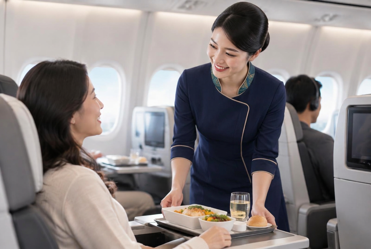 Cabin crew member warmly attending to a passenger in a generic aircraft cabin
